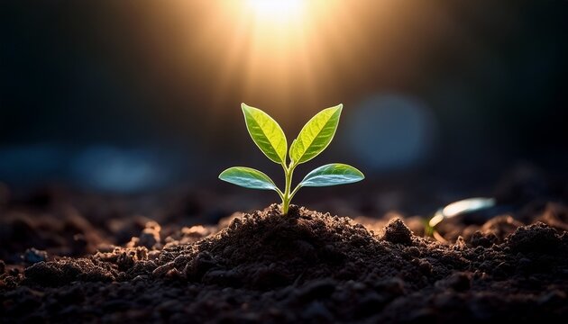growth of a glowing plant in dark soil nature scene macro photography magical environment close up view hope and renewal