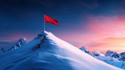 Majestic mountain peak with a red flag at sunset