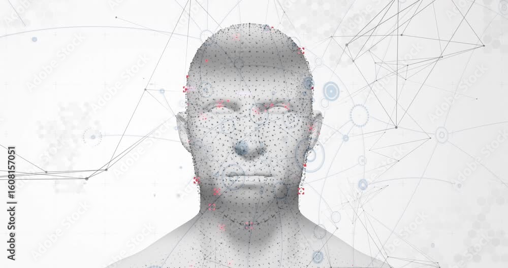 Poster starting from faint net dot face forming scanning bars crossing highlighting nodes mapping data