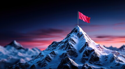 Majestic snow-capped mountain with a red flag at sunset