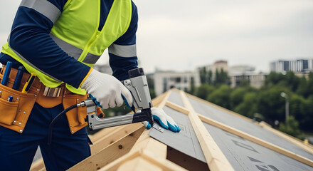 Professional Roofer Using a Nail Gun for Roof Repair and New Building Construction, Installing Underlayment Material on Wooden Rafters