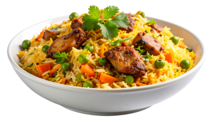  “Gourmet Vegetable and Meat Biryani Plated Elegantly with Garnishes, Isolated PNG”.