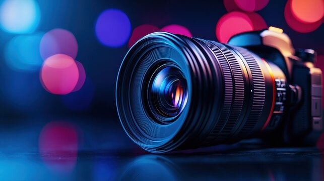 Close-up of a professional camera lens with vibrant bokeh lights