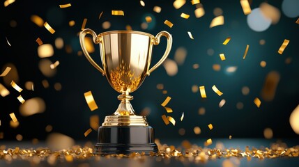 Golden trophy surrounded by celebratory confetti
