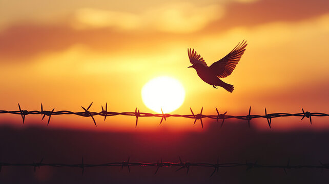Bird in flight at sunset over fence, International Day for the Remembrance of the Slave Trade and its Abolition - Powered by Adobe