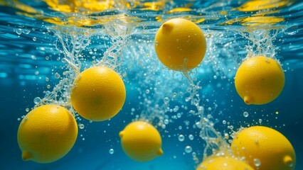 Fresh lemons Splashing in Water. Lemons Plunging into Blue Water. Vibrant Citrus Underwater Scene