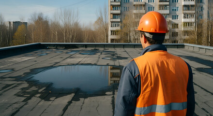 Professional Worker Inspecting Damaged Flat Roof for Repair