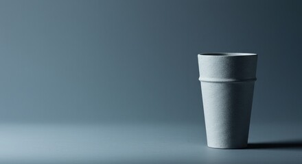 A simple, light gray disposable cup against a muted blue-gray background.  It's a studio shot