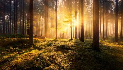 magical forest loop animation bathed golden sunlight tall trees vivid colors capturing fantasy landscape vibes mythical storytelling ambiance