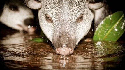 Obraz premium Lowland tapir drinking, night, rainforest, wildlife