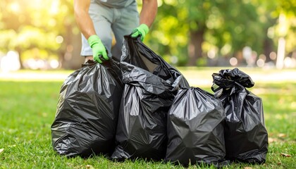 A person wearing green gloves gathers multiple black trash bags in a sunny park.