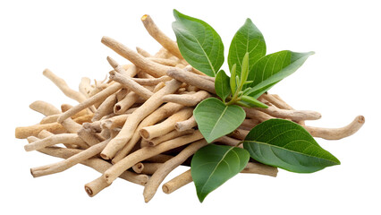 A pile of ashwagandha roots and leaves isolated on transparent background, a traditional herb used in ayurvedic medicine