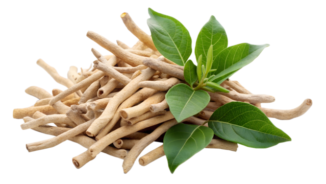 A pile of ashwagandha roots and leaves isolated on transparent background, a traditional herb used in ayurvedic medicine