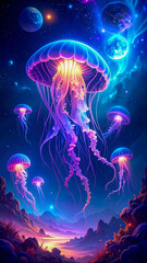 Mesmerizing bioluminescent jellyfish float through a vibrant cosmic ocean landscape
