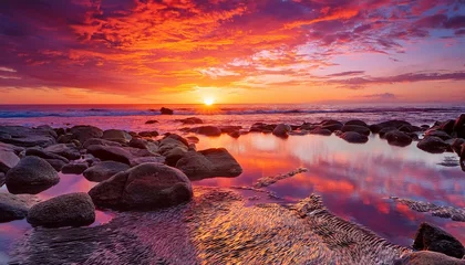Fototapete vibrant coastal sunset cracked shoreline beach landscape ocean horizon reflection sky clouds wave water rocky scenic vista pink yellow orange gold © Oscar