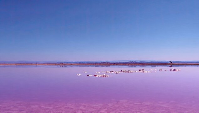 Vast pink lake under a vibrant sky