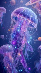 Mesmerizing bioluminescent jellyfish drift through a cosmic ocean galaxy