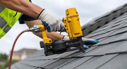 Roofer Using Pneumatic Nail Gun to Install or Repair Roof Shingles