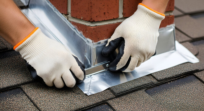 Professional hands repair roof flashing around a chimney, ensuring watertight protection and home durability.