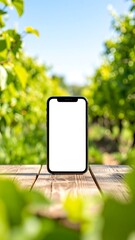 Smartphone on wooden table in garden