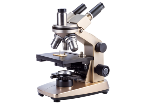 A scientific microscope isolated on transparent background stands ready for laboratory research and medical discoveries