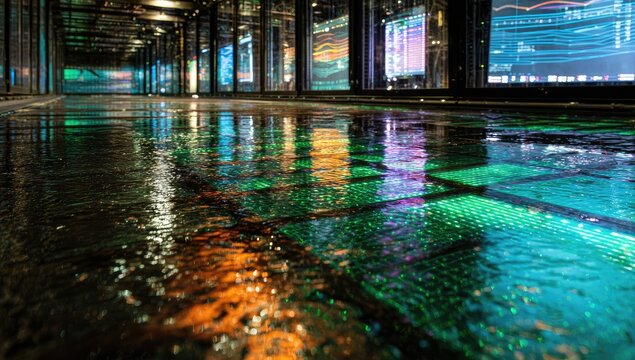 Rainy night data center walkway