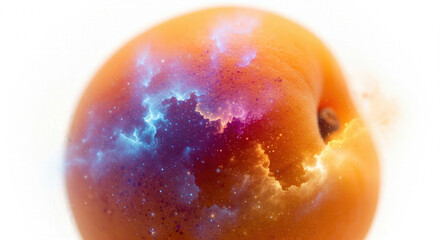 Surreal apricot with a cosmic galaxy nebula inside, a double exposure abstract concept on a white background