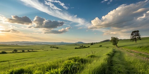 Obraz premium landscape with green grass and blue sky