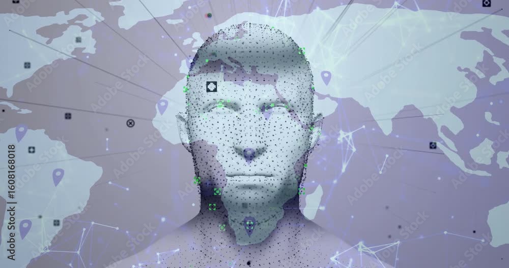 Poster data converging into beam forming map, coalescing into matrix head visualizing cybernetic interface