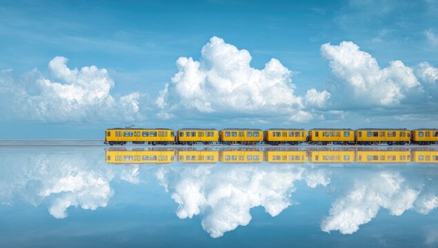 Yellow train on a mirrored sky