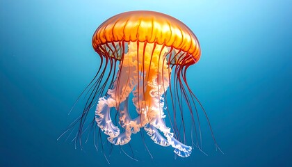 Fototapeta premium Orange jellyfish, bell and tentacles, underwater