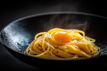 Steaming pasta, topped with an egg yolk, served in a black bowl with a dark background