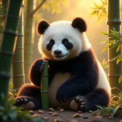 Fototapeta premium A rare, cute baby giant panda bear eating bamboo in the wild, an endangered mammal from China