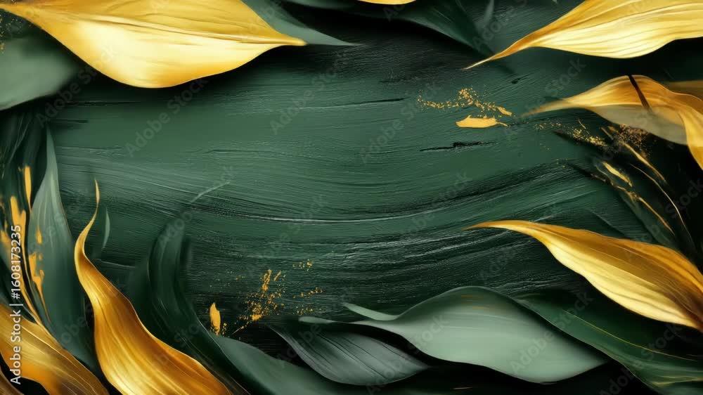 Poster elegant golden leaves gently swaying against a textured emerald backdrop in subtle motion creating