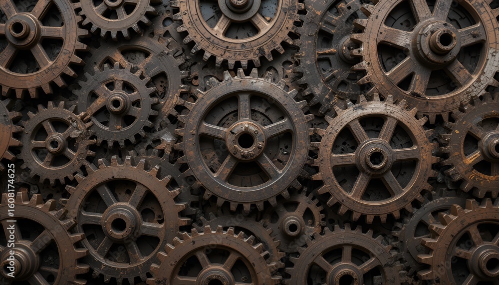 Poster an abstract array of aged gears interlock in this mechanical industrial background composition.
