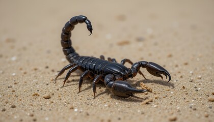 A shiny black scorpion stands alert on tan sand, its stinger poised defensively overhead.