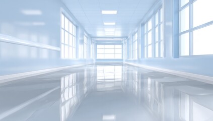Empty light-blue hospital corridor