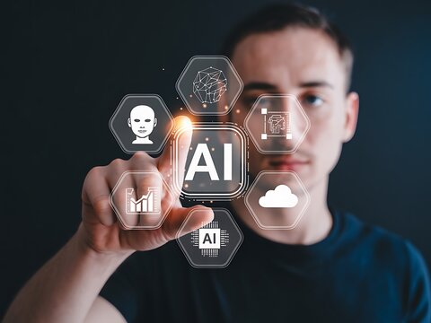 Man touching an AI hologram interface for business automation. The display shows icons for machine learning, big data analytics, cloud services, and digital network innovation.