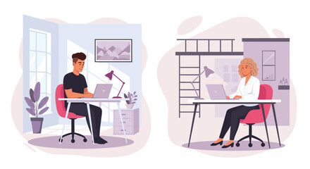 Remote Work Illustration: Two Professionals Working from Home Offices, Ideal for Blogs and Websites about Telecommuting.