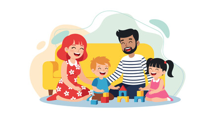 Happy family playing with building blocks, perfect for family blogs, children's books, or parenting websites.