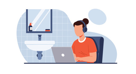 Person working on laptop in bathroom, perfect for illustrating remote work or work-life balance.