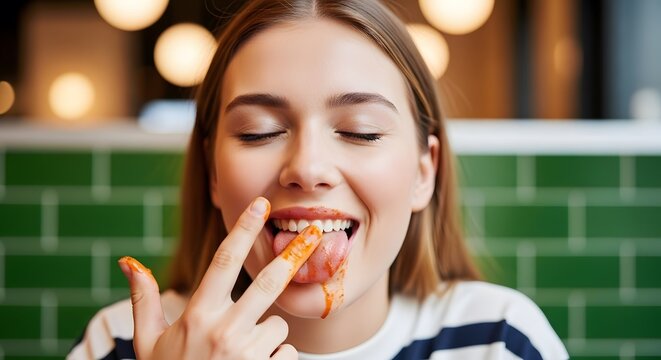 A woman excitedly licks her fingers, covered in a vibrant orange sauce, eyes closed in anticipation and a joyful smile on her face.