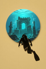 3D silhouette icon of a diver swimming toward an ancient sunken city with glowing outlines, evoking mystery, discovery, and deep-sea adventure — rendered in minimal style on a clean white background