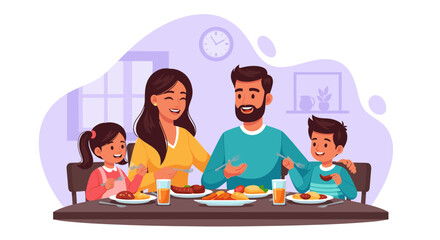 Happy family enjoying a delicious meal together at home. Perfect for family blogs, websites, and advertisements.
