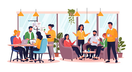 Diverse team collaborating in a modern office, perfect for illustrating teamwork and company culture on a website or brochure.
