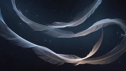 Floating White Feathers Against Dark Starry Sky Abstract Illustration