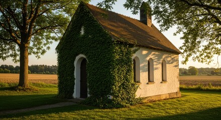 Obraz premium A small, charming chapel nestled in a grassy field, shaded by large trees, bathed in golden sunlight