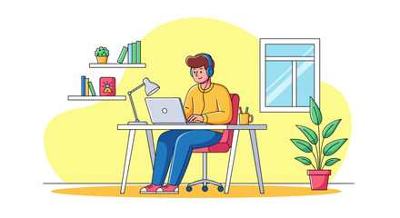 Illustration of a young man working from home on his laptop, ideal for blogs or articles about remote work.