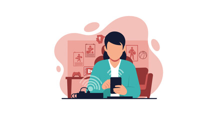 Woman using smartphone with home wifi, perfect for website or app illustrating connectivity and remote work.