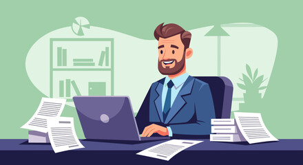 Happy businessman working on laptop in modern office. Ideal for website banners, business brochures, and marketing materials.